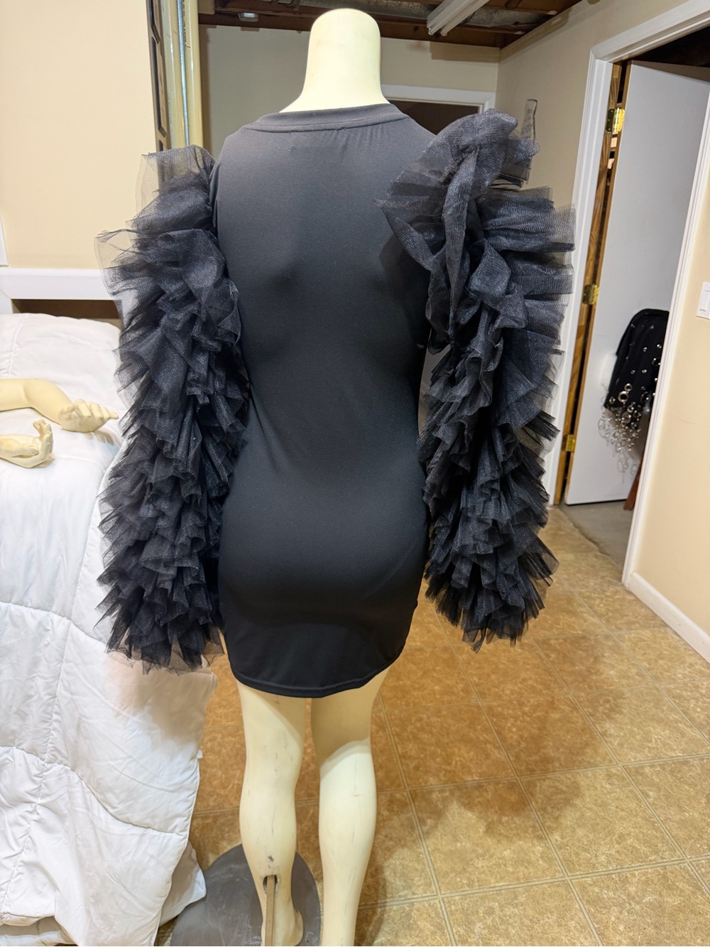 AKIRA Black Ruffle Tulle Sleeve Long Sleeve Dress - Picture 2 of 3